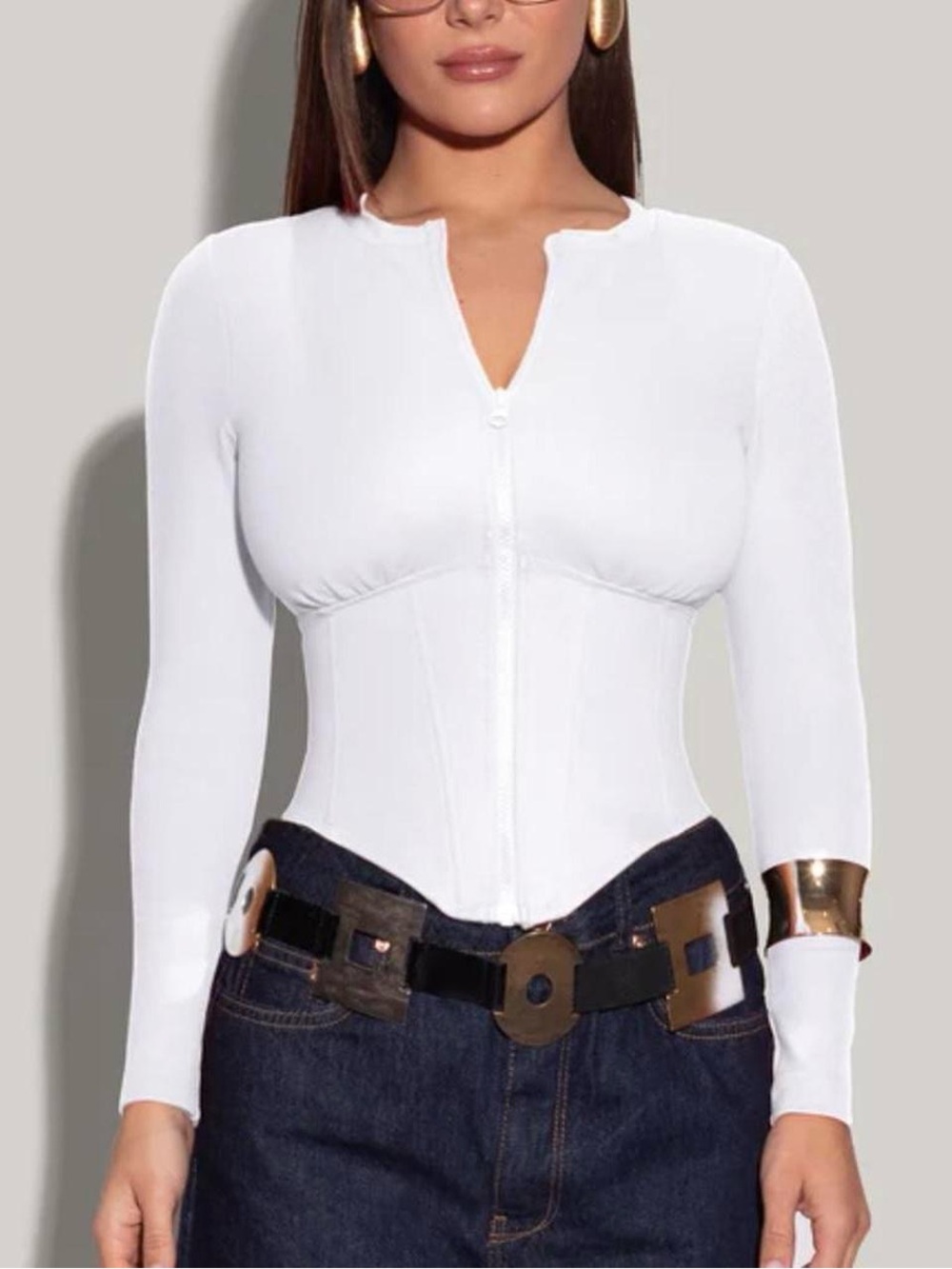 White Long-Sleeve Zip Corset Top - Women
